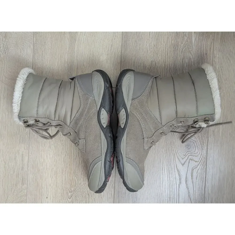Easy Spirit Eserle Winter Boots 8.5 Taupe Suede Faux Fur Trim Side Zip Lace Up